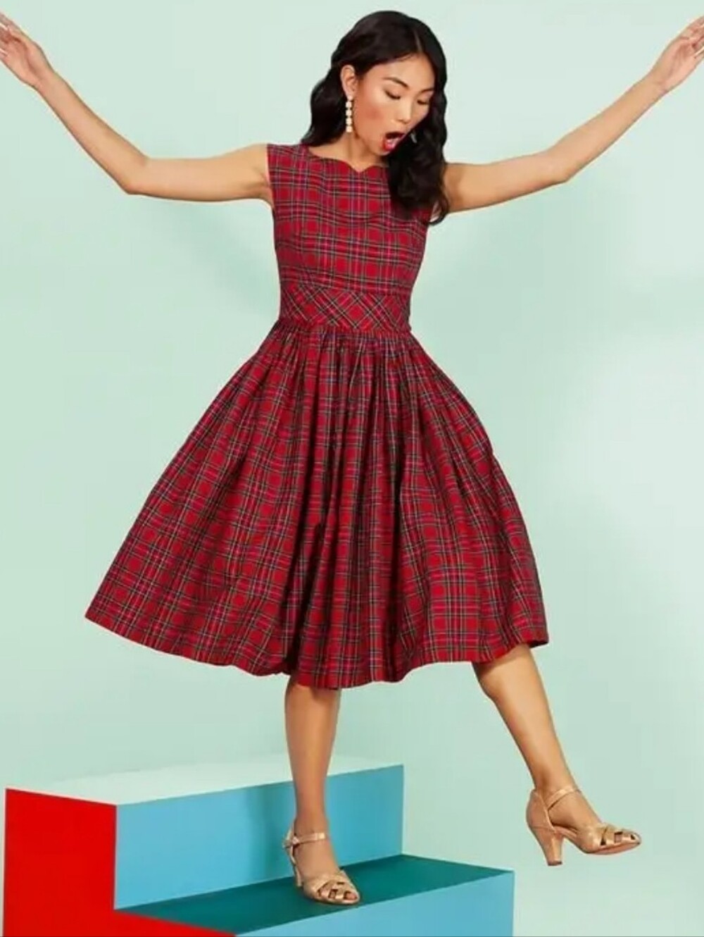 Modcloth Red Plaid Swing Dress Rockabilly Pin Up Retro Netted Skirt Holiday 16 - Picture 5 of 14